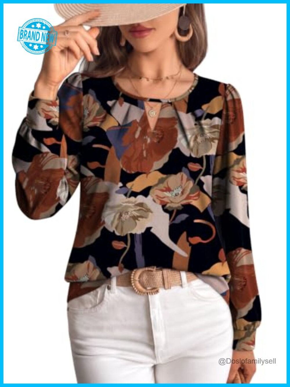 Women's Long Sleeve Keyhole Neck Chiffon Blouse Puff Sleeve Dressy Casual